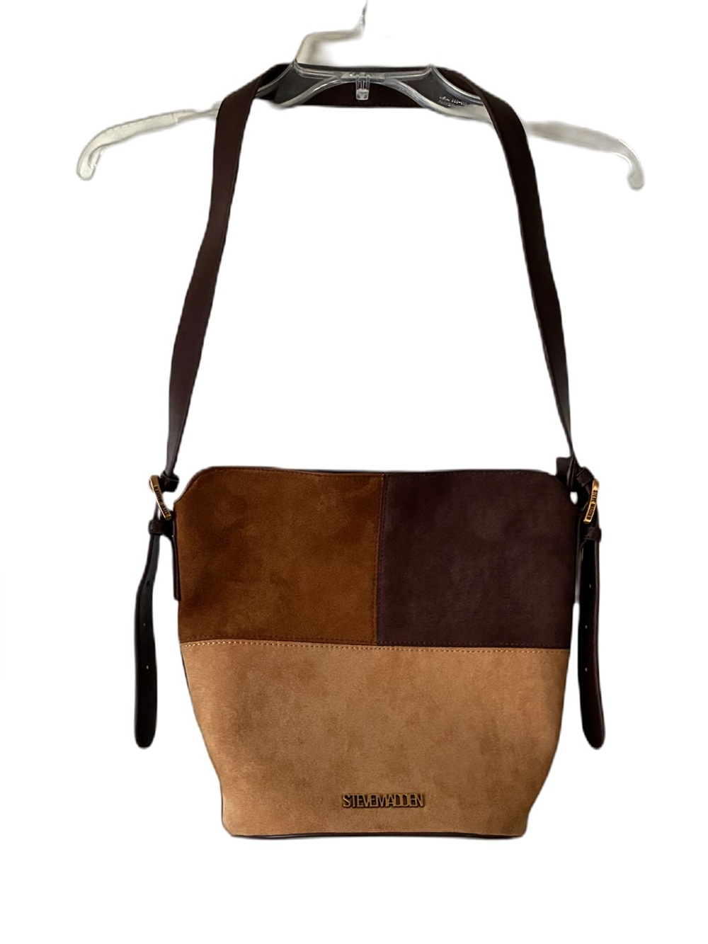 Steve Madden Faux Suede Faux Leather Bucket Purse, Tan/Rust/Brown Colorblock